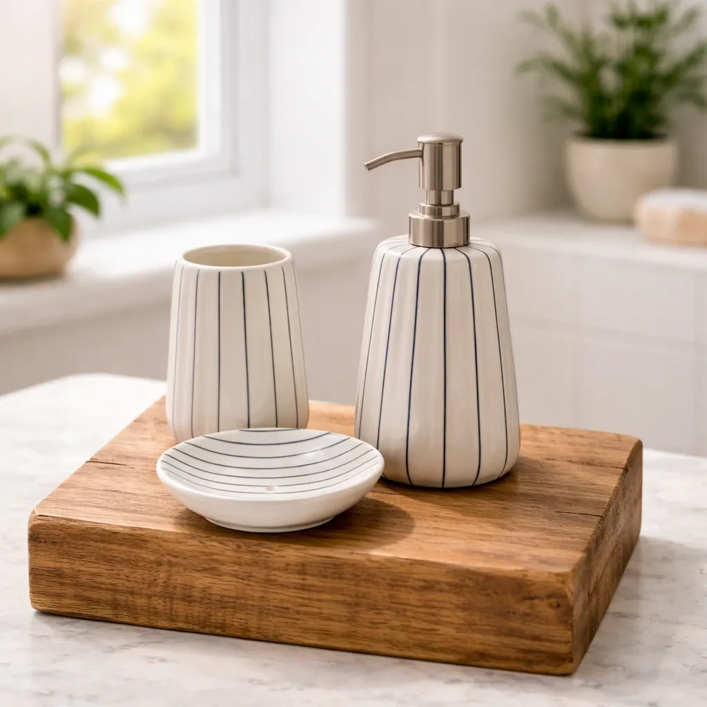 Bathroom accessories on wooden block.webp